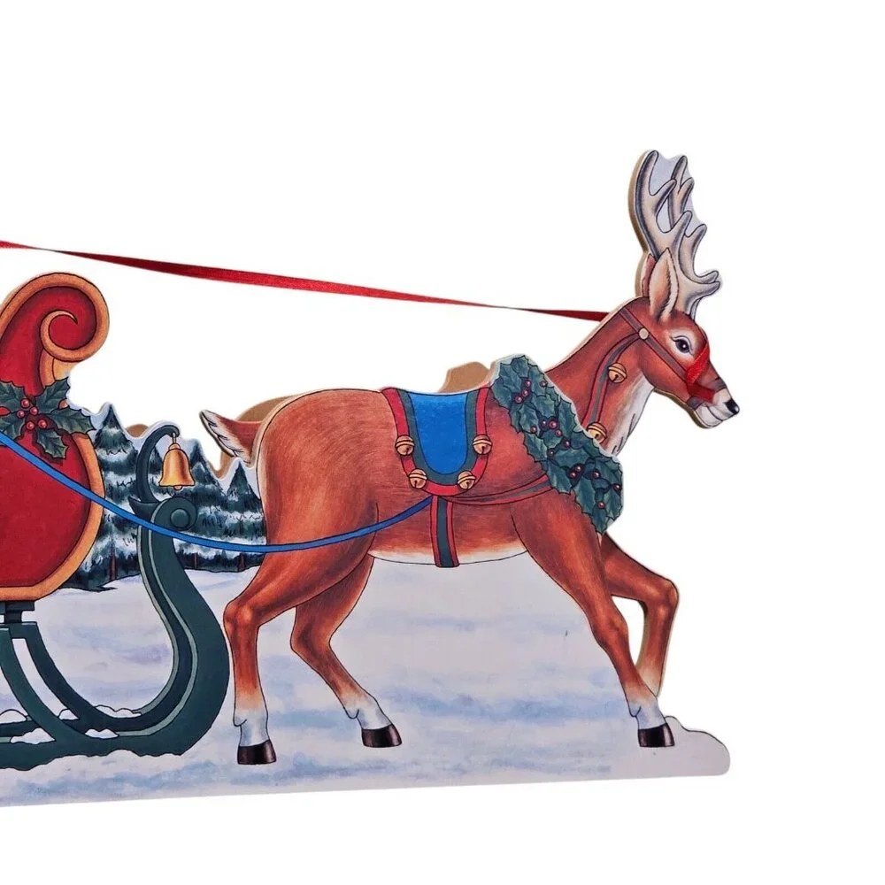 90s Christmas Animated Santa Sleigh‎ Reindeer Wooden Musical Winter Wall Decor